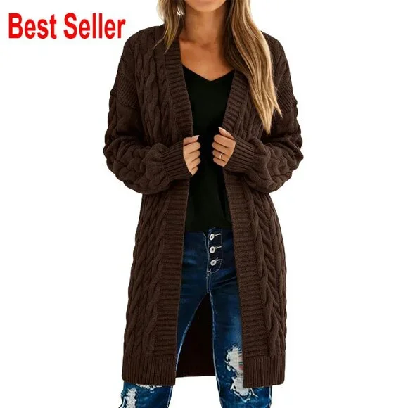 Oversized Cable Knit Cardigan Chunky Open Front Long Sleeve Sweater - Picture 1 of 8